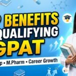 Confident pharmacy student in a lab coat with books standing beside bold text “Top Benefits of Qualifying GPAT” on a blue medical-themed background with pharmacy icons and success graphics. Title