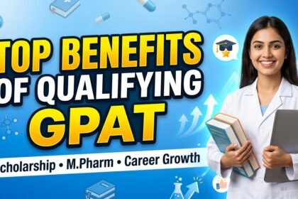 Confident pharmacy student in a lab coat with books standing beside bold text “Top Benefits of Qualifying GPAT” on a blue medical-themed background with pharmacy icons and success graphics. Title