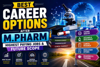 Thumbnail about the best career options after M.Pharm featuring pharma industry, research, clinical research, and regulatory affairs career pathways with modern laboratory visuals.