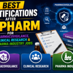 Thumbnail about the best certifications after M.Pharm featuring pharmacovigilance, clinical research, and pharma industry career visuals with drug safety and research elements.