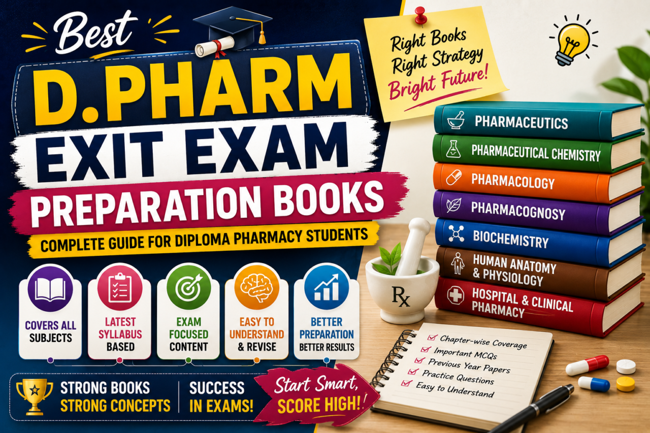 Thumbnail for Best D.Pharm Exit Exam Preparation Books featuring colorful pharmacy subject books, modern study elements, and bold preparation guide text for diploma pharmacy students.