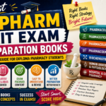 Thumbnail for Best D.Pharm Exit Exam Preparation Books featuring colorful pharmacy subject books, modern study elements, and bold preparation guide text for diploma pharmacy students.