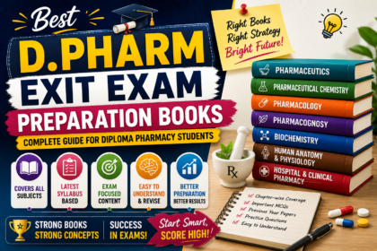 Thumbnail for Best D.Pharm Exit Exam Preparation Books featuring colorful pharmacy subject books, modern study elements, and bold preparation guide text for diploma pharmacy students.