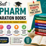 Colorful promotional poster for D.Pharm preparation books featuring pharmacy subject books, study icons, and motivational academic design for diploma pharmacy students.