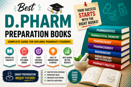 Colorful promotional poster for D.Pharm preparation books featuring pharmacy subject books, study icons, and motivational academic design for diploma pharmacy students.