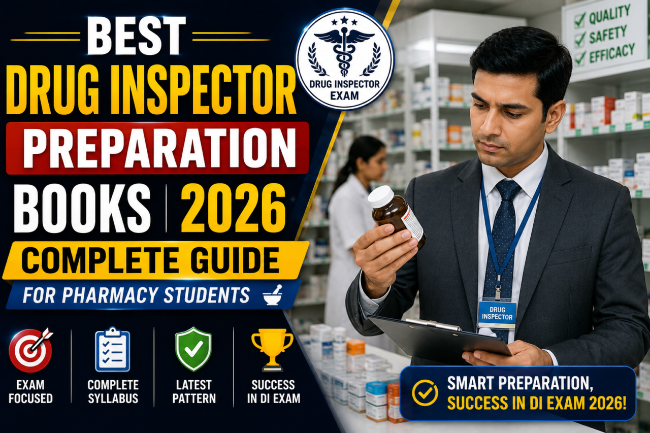 Thumbnail for Best Drug Inspector Preparation Books 2026 featuring a Drug Inspector checking medicines in a pharmacy with bold exam preparation text.
