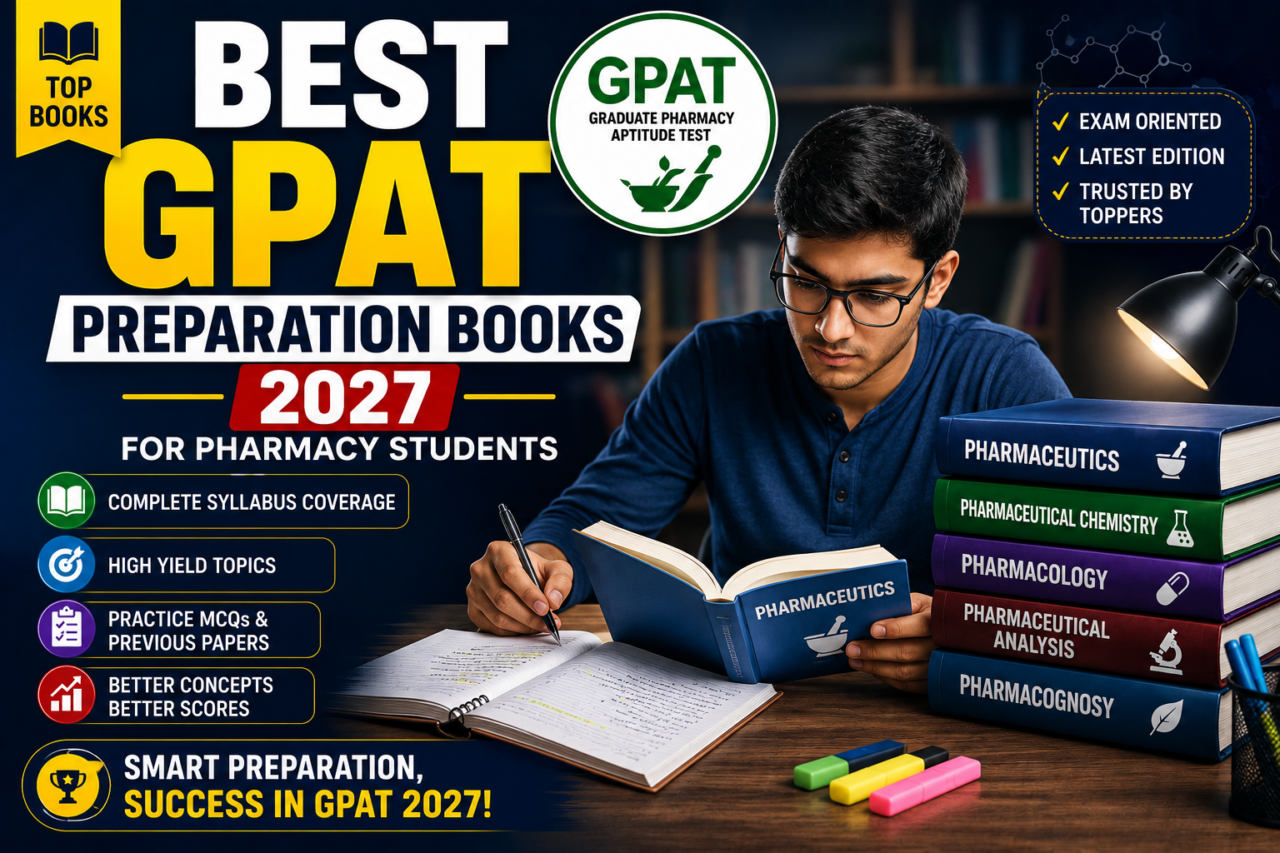 Thumbnail for Best GPAT Preparation Books 2027 featuring a pharmacy student studying with books, GPAT logo, and colorful pharmacy subject books.