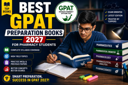 Thumbnail for Best GPAT Preparation Books 2027 featuring a pharmacy student studying with books, GPAT logo, and colorful pharmacy subject books.