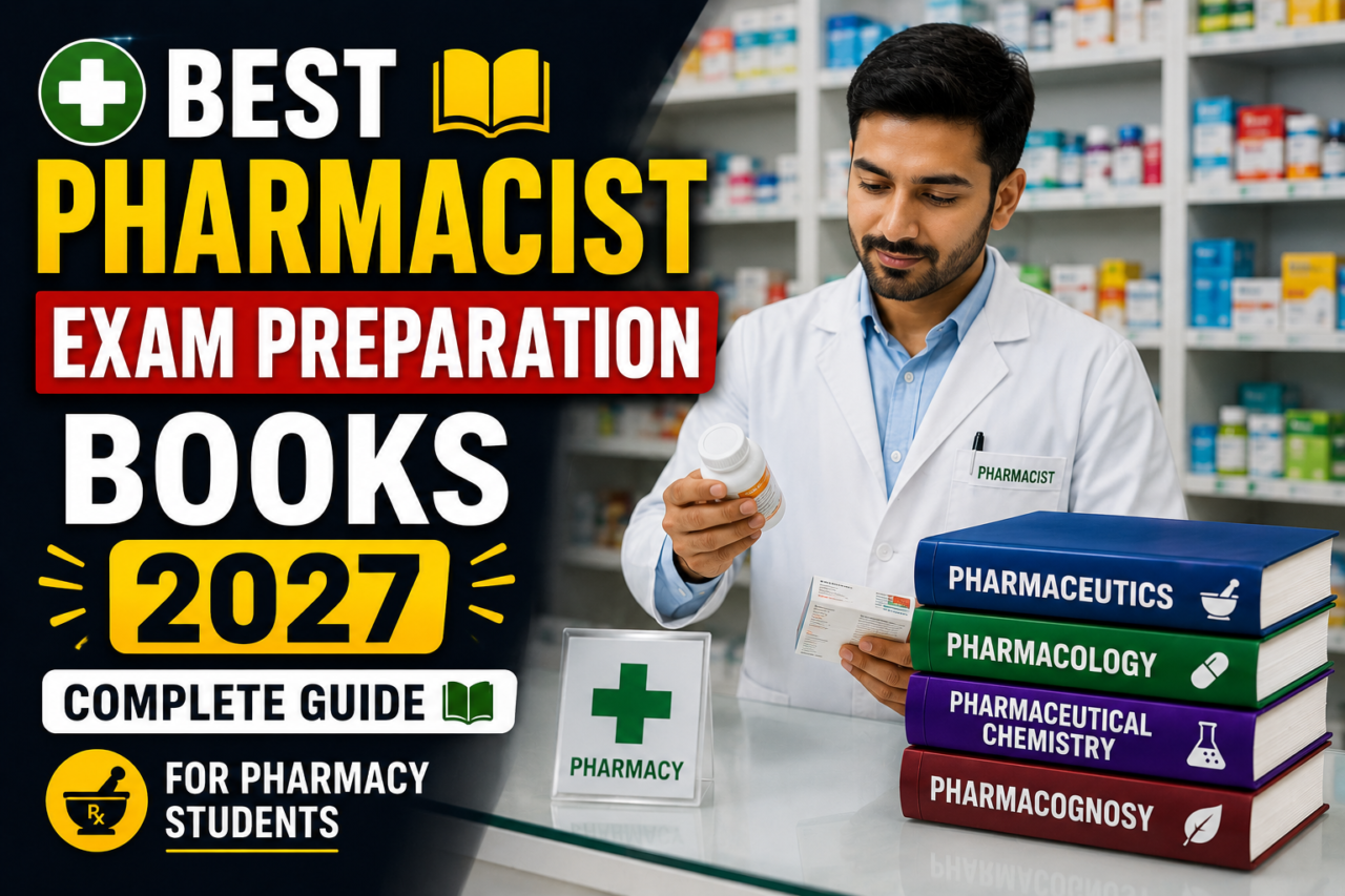 Thumbnail for Best Pharmacist Exam Preparation Books 2027 featuring a pharmacist in a medical shop with pharmacy books and bold exam preparation text.