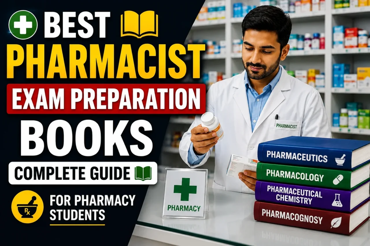 Best Pharmacist Exam Preparation Books Complete Guide thumbnail featuring a pharmacist in a pharmacy, pharmacy textbooks, and bold exam preparation text.