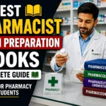Best Pharmacist Exam Preparation Books Complete Guide thumbnail featuring a pharmacist in a pharmacy, pharmacy textbooks, and bold exam preparation text.