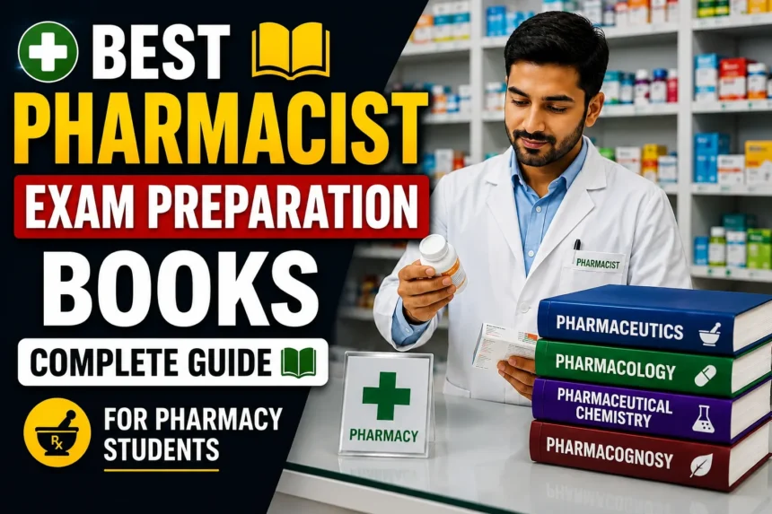 Best Pharmacist Exam Preparation Books Complete Guide thumbnail featuring a pharmacist in a pharmacy, pharmacy textbooks, and bold exam preparation text.