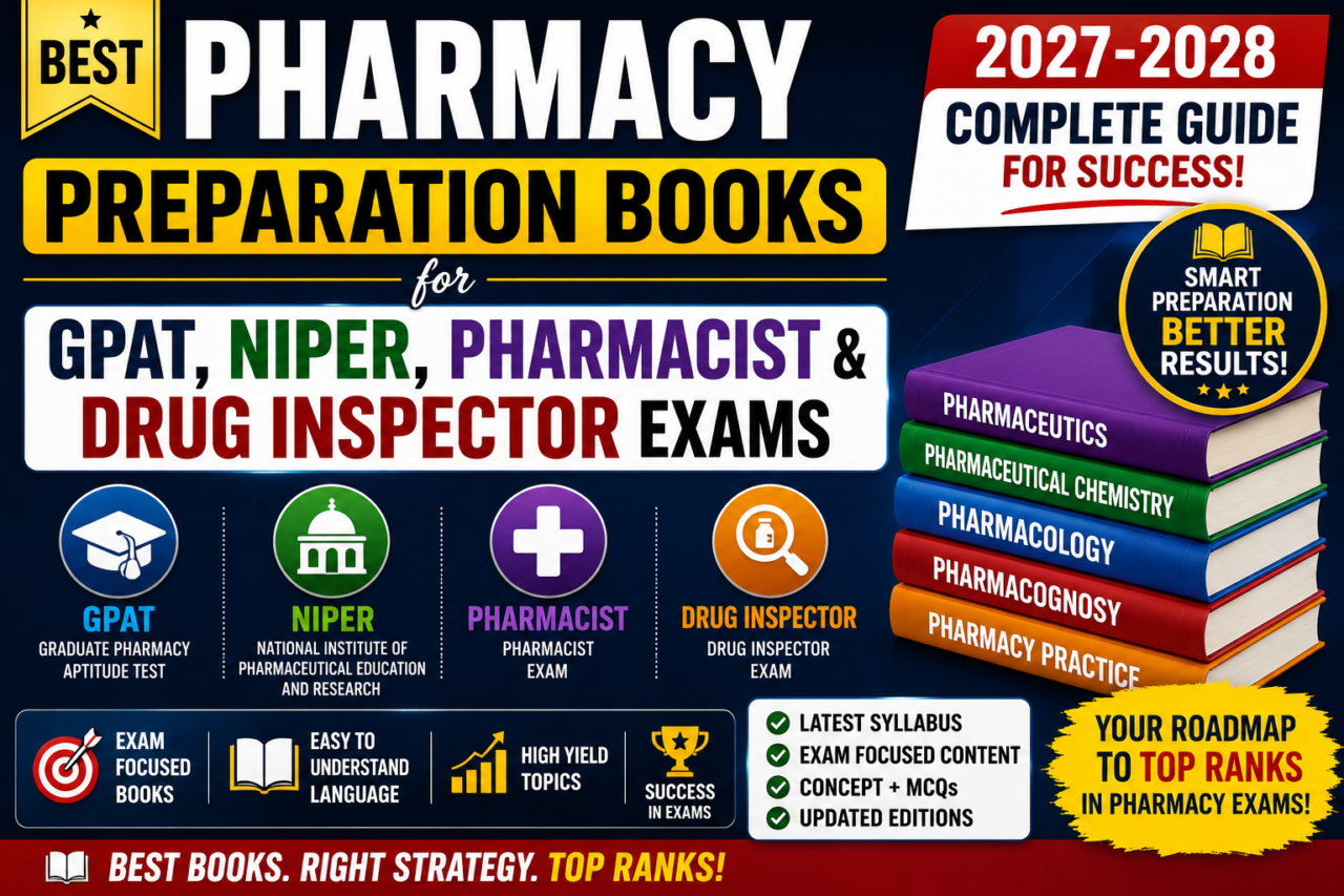 Thumbnail for Best Pharmacy Preparation Books for GPAT, NIPER, Pharmacist and Drug Inspector Exams 2027-2028 featuring colorful pharmacy books and bold preparation text.