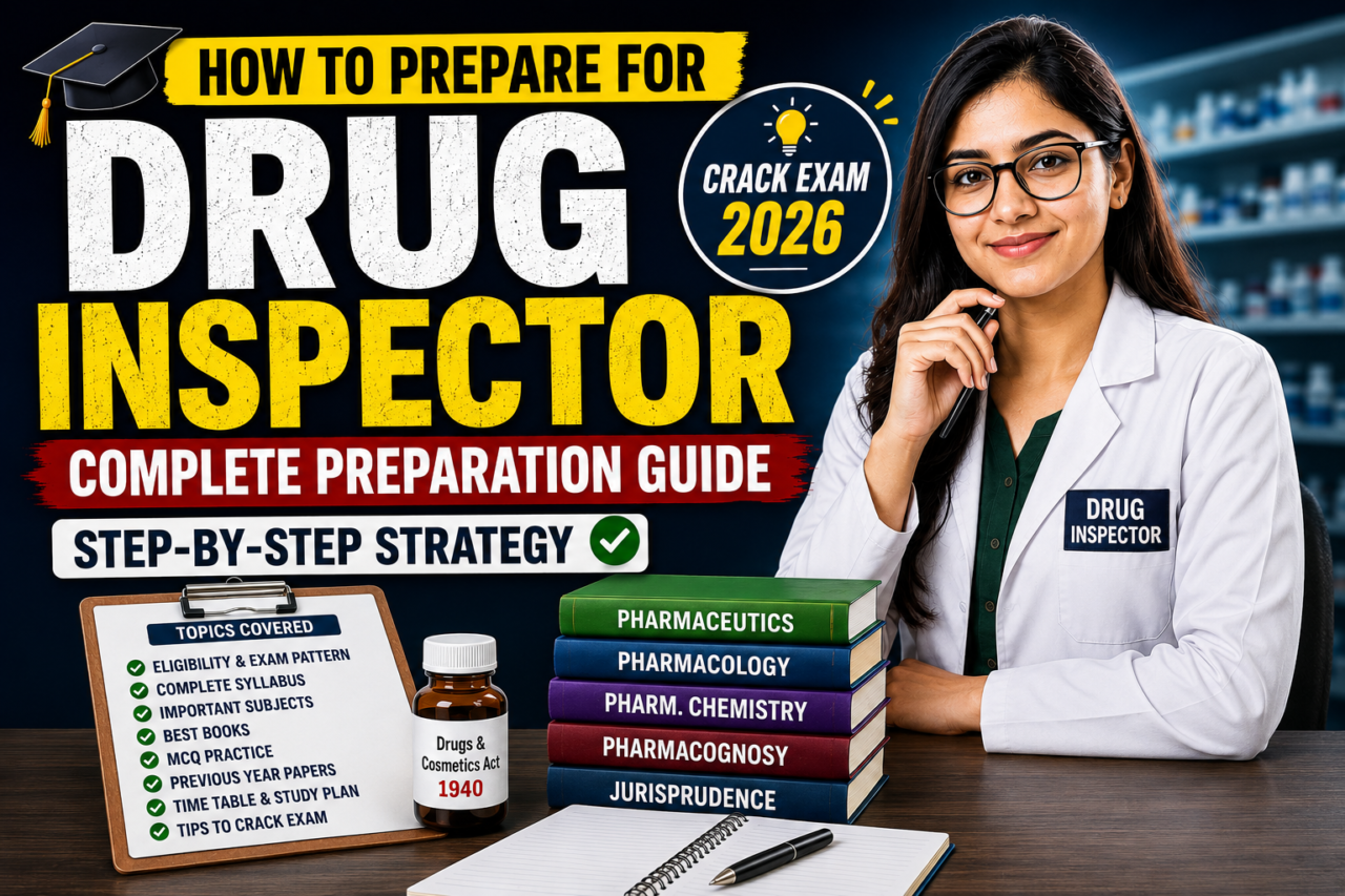 Educational YouTube thumbnail showing a female Drug Inspector with pharmacy books and preparation materials for Drug Inspector exam 2026.