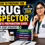 Educational YouTube thumbnail showing a female Drug Inspector with pharmacy books and preparation materials for Drug Inspector exam 2026.