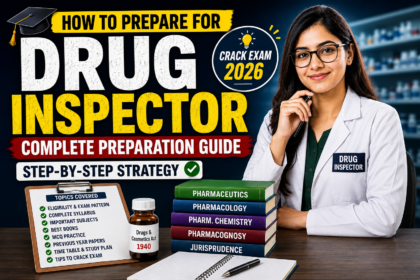 Educational YouTube thumbnail showing a female Drug Inspector with pharmacy books and preparation materials for Drug Inspector exam 2026.
