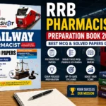 RRB Railway Pharmacist Preparation Book 2026 thumbnail featuring solved papers, MCQs, model papers, railway pharmacist exam guide, and Indian Railways theme.