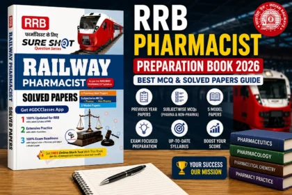 RRB Railway Pharmacist Preparation Book 2026 thumbnail featuring solved papers, MCQs, model papers, railway pharmacist exam guide, and Indian Railways theme.