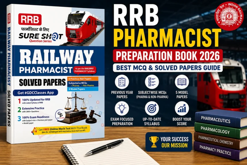 RRB Railway Pharmacist Preparation Book 2026 thumbnail featuring solved papers, MCQs, model papers, railway pharmacist exam guide, and Indian Railways theme.