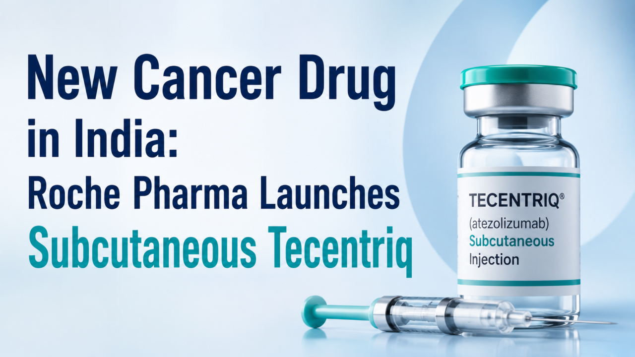 Thumbnail showing a cancer injection vial labeled Tecentriq with a syringe beside it and bold text about Roche Pharma launching a new cancer drug in India.