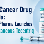 Thumbnail showing a cancer injection vial labeled Tecentriq with a syringe beside it and bold text about Roche Pharma launching a new cancer drug in India.