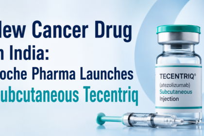 Thumbnail showing a cancer injection vial labeled Tecentriq with a syringe beside it and bold text about Roche Pharma launching a new cancer drug in India.