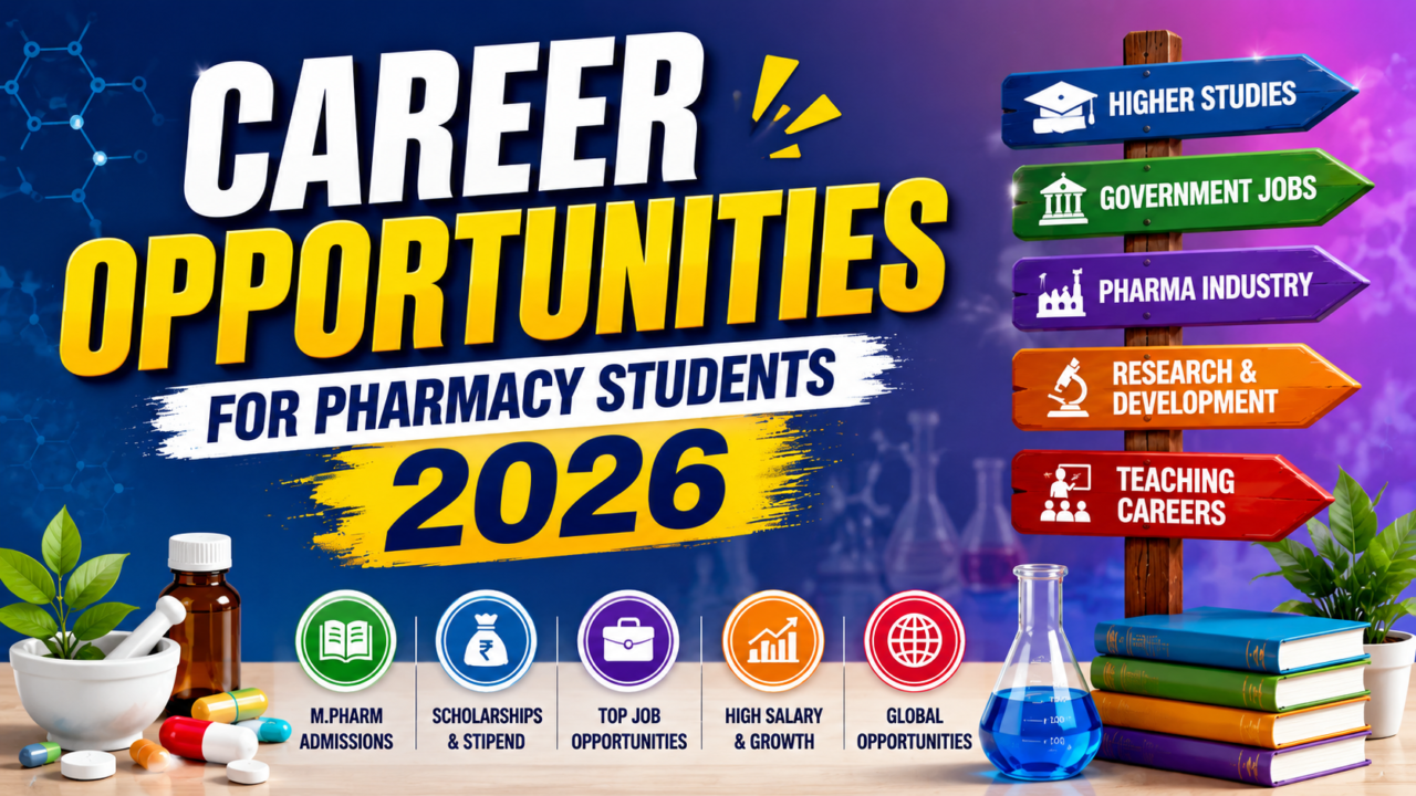 Colorful pharmacy career opportunities thumbnail for 2026 featuring higher studies, government jobs, pharma industry, research, and teaching career paths.