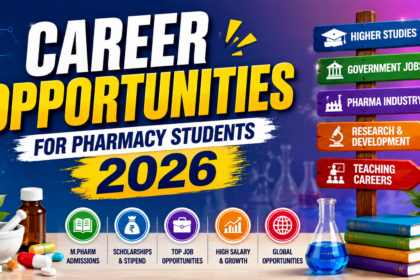 Colorful pharmacy career opportunities thumbnail for 2026 featuring higher studies, government jobs, pharma industry, research, and teaching career paths.