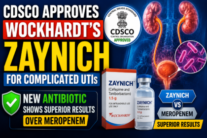 CDSCO approval announcement for Wockhardt’s ZAYNICH antibiotic, featuring a urinary tract illustration, medicine vial, bacteria graphics, and comparison with Meropenem for complicated UTI treatment.