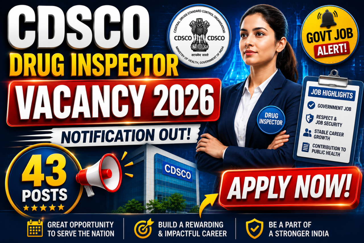 Thumbnail showing CDSCO Drug Inspector Vacancy 2026 notification with 43 posts, government job alert badge, official CDSCO logo, and bold recruitment text in a blue-red 3D design.
