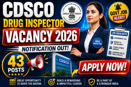 Thumbnail showing CDSCO Drug Inspector Vacancy 2026 notification with 43 posts, government job alert badge, official CDSCO logo, and bold recruitment text in a blue-red 3D design.