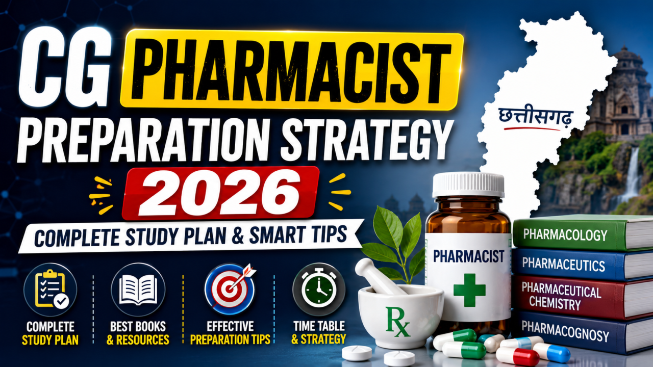 Creative CG Pharmacist Exam 2026 preparation thumbnail featuring pharmacy books, medicine bottle, capsules, study icons, and Chhattisgarh map with modern blue gradient background.