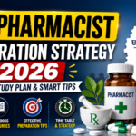 Creative CG Pharmacist Exam 2026 preparation thumbnail featuring pharmacy books, medicine bottle, capsules, study icons, and Chhattisgarh map with modern blue gradient background.