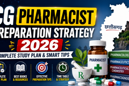 Creative CG Pharmacist Exam 2026 preparation thumbnail featuring pharmacy books, medicine bottle, capsules, study icons, and Chhattisgarh map with modern blue gradient background.