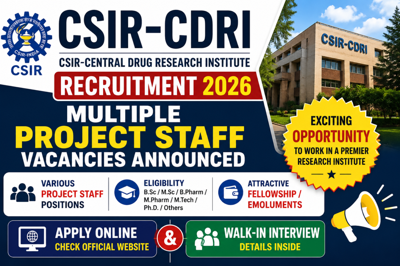CSIR-CDRI Recruitment 2026 thumbnail highlighting multiple project staff vacancies, online application process, and walk-in interview opportunities at CSIR-Central Drug Research Institute.
