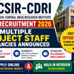 CSIR-CDRI Recruitment 2026 thumbnail highlighting multiple project staff vacancies, online application process, and walk-in interview opportunities at CSIR-Central Drug Research Institute.
