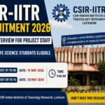 CSIR-IITR Recruitment 2026 thumbnail featuring walk-in interview notification for Project Staff positions eligible for Pharma and Life Science students with interview dates and venue details.