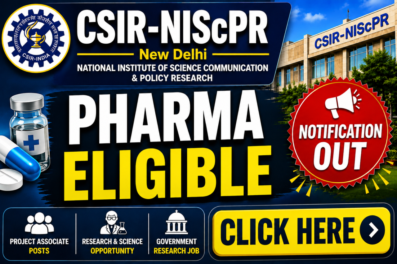 CSIR-NIScPR Pharma Eligible recruitment thumbnail with notification out banner and government research job highlights for pharma candidates.