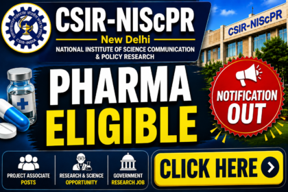 CSIR-NIScPR Pharma Eligible recruitment thumbnail with notification out banner and government research job highlights for pharma candidates.