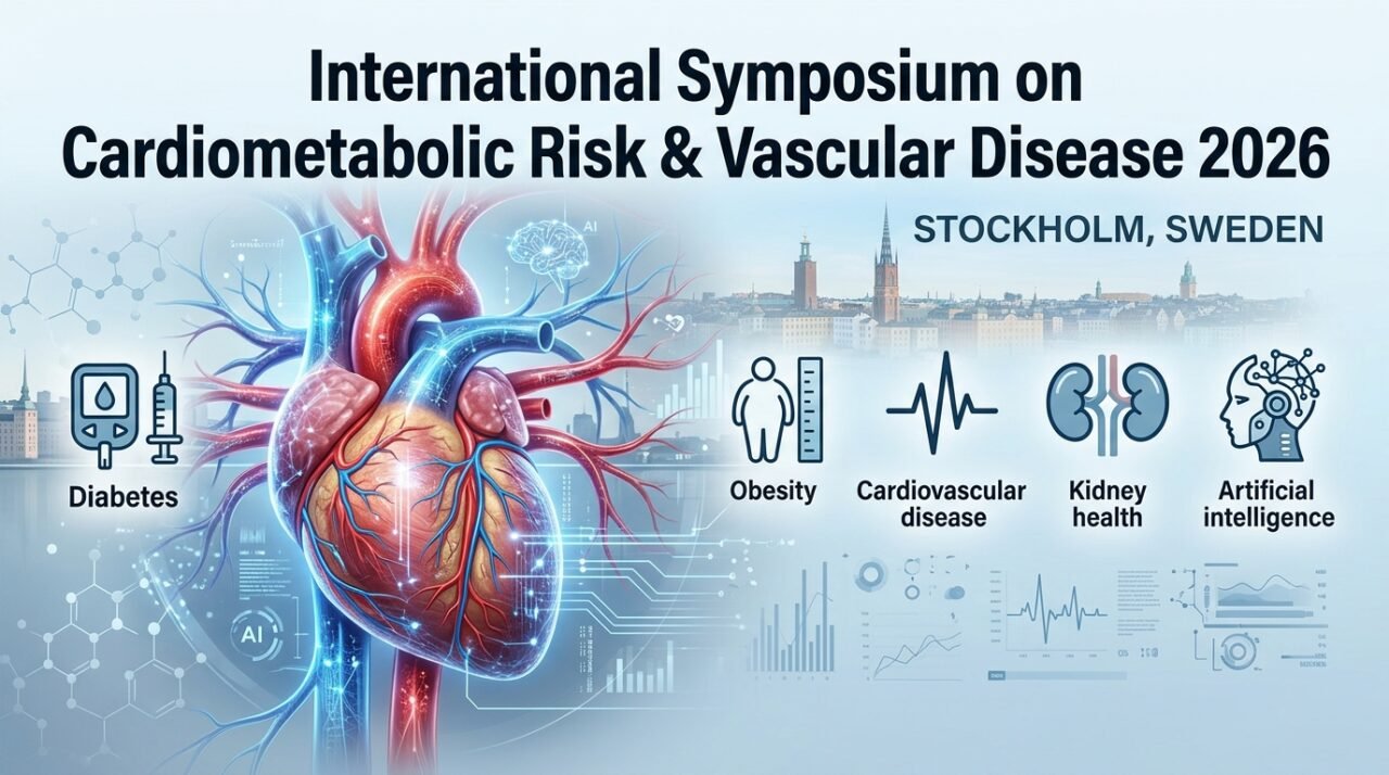 Professional medical conference thumbnail featuring a futuristic human heart with digital vascular networks, AI healthcare elements, and Stockholm skyline for the International Symposium on Cardiometabolic Risk & Vascular Disease 2026.