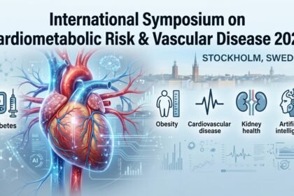 Professional medical conference thumbnail featuring a futuristic human heart with digital vascular networks, AI healthcare elements, and Stockholm skyline for the International Symposium on Cardiometabolic Risk & Vascular Disease 2026.