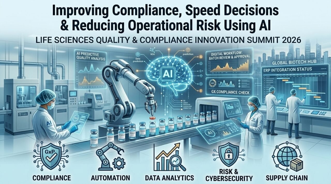Futuristic healthcare technology thumbnail showing AI-powered compliance systems, digital quality management dashboards, and smart manufacturing workflows for life sciences organizations.