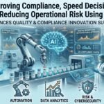Futuristic healthcare technology thumbnail showing AI-powered compliance systems, digital quality management dashboards, and smart manufacturing workflows for life sciences organizations.