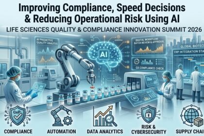Futuristic healthcare technology thumbnail showing AI-powered compliance systems, digital quality management dashboards, and smart manufacturing workflows for life sciences organizations.