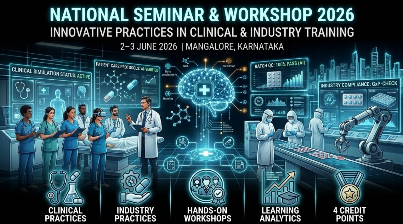 Premium pharmaceutical seminar thumbnail with a black futuristic background featuring clinical training, laboratory research, healthcare technology, and pharmaceutical education visuals for the National Seminar & Workshop 2026.