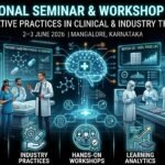Premium pharmaceutical seminar thumbnail with a black futuristic background featuring clinical training, laboratory research, healthcare technology, and pharmaceutical education visuals for the National Seminar & Workshop 2026.