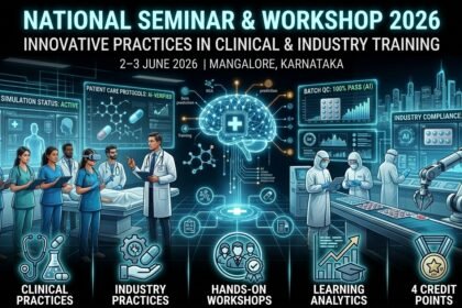 Premium pharmaceutical seminar thumbnail with a black futuristic background featuring clinical training, laboratory research, healthcare technology, and pharmaceutical education visuals for the National Seminar & Workshop 2026.