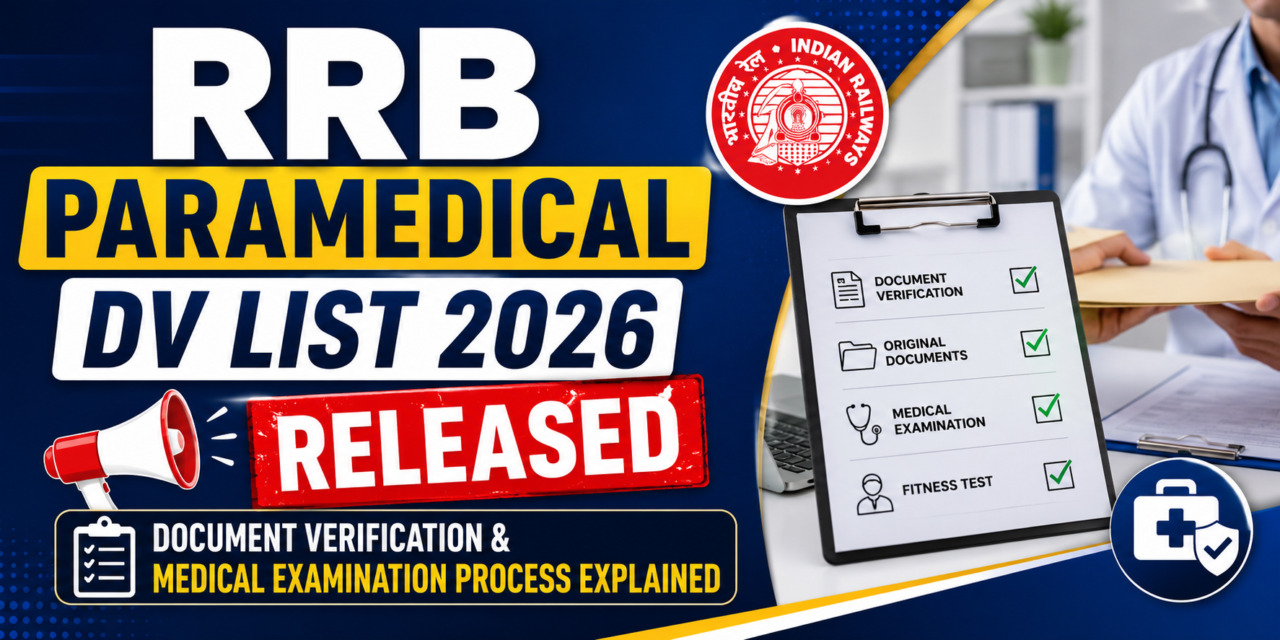 RRB Paramedical DV List 2026 Released banner showing document verification checklist, medical examination process, Indian Railways logo, and recruitment update announcement.