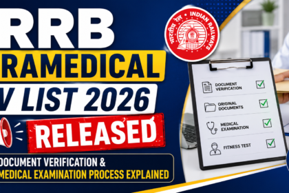 RRB Paramedical DV List 2026 Released banner showing document verification checklist, medical examination process, Indian Railways logo, and recruitment update announcement.