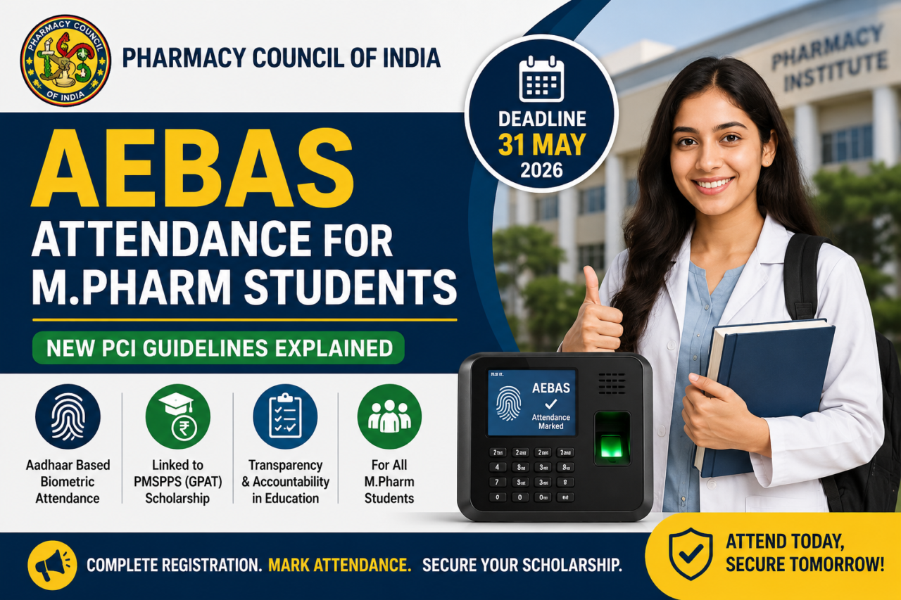 AEBAS attendance system announcement for M.Pharm students by PCI with biometric attendance device and pharmacy student illustration.